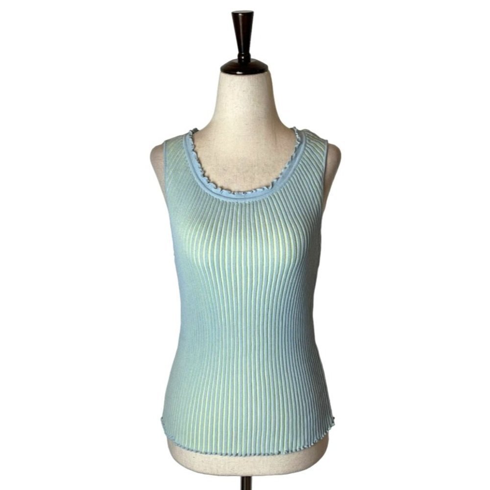 Dolce Cabo Blue And Yellow Ribbed Knit Ruffled Neckline Andโ Hem Tank Top M